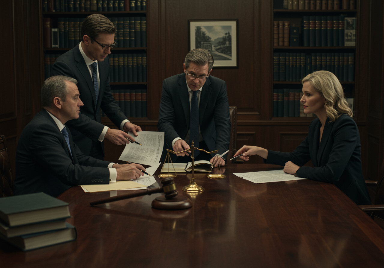 imagen46 1 "Conferencia en oficina legal moderna con abogados en trajes de negocios, discutiendo sobre documentos legales en una mesa de caoba iluminada, transmitiendo profesionalismo y compromiso."