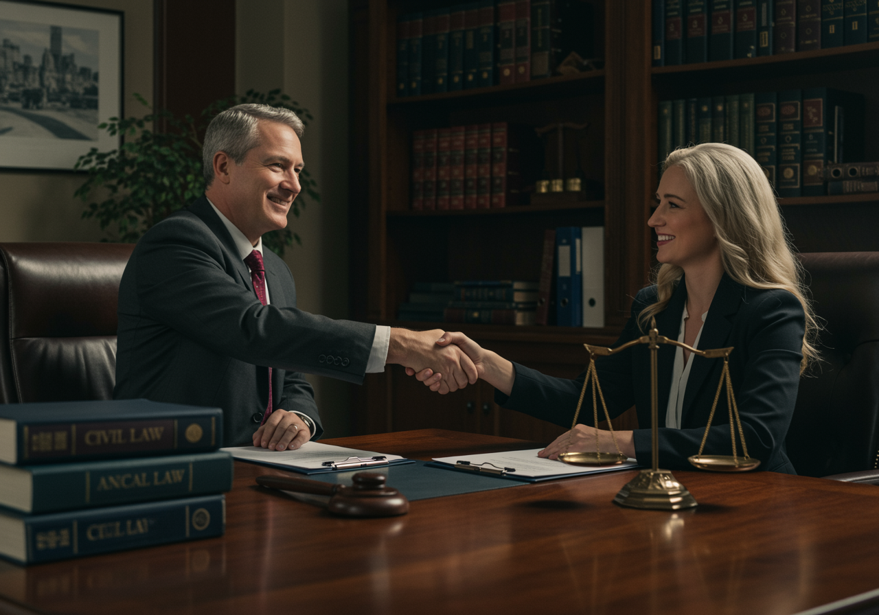 imagen47 1 "Abogado en oficina moderna estrechando manos con clienta, rodeados de archivos legales y libros, simbolizando confianza y profesionalismo en servicios jurídicos."