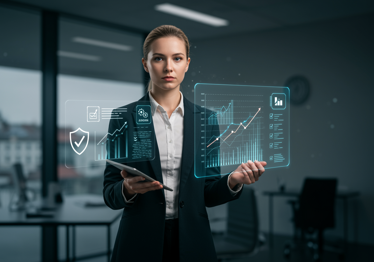 imagen47 "Ilustración conceptual de una abogada blanca en una oficina moderna, sosteniendo una tablet con gráficos financieros y un icono de protección de activos, simbolizando eficiencia y confianza en servicios legales."